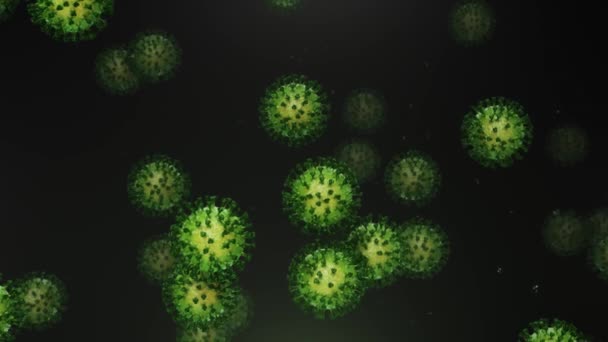 Flying green coronavirus with particles — Stock Video