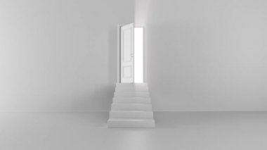 Parlak bir odada adımları olan açık bir kapının parlaklığı