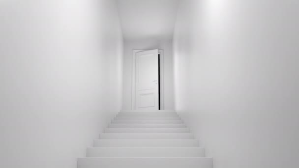 Сяйво відкритих дверей зі сходами в коридорі з альфа-каналом — стокове відео