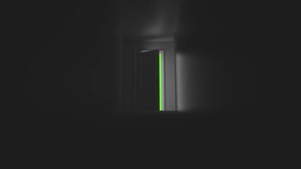 Открытая дверь со ступеньками в темной комнате на зеленом фоне — стоковое видео