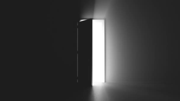 Abrir o brilho da porta no quarto escuro — Vídeo de Stock