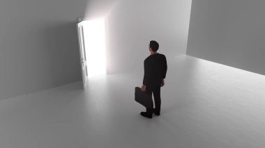 3D canlandırma. Bir iş adamı parlak bir odada parlak bir kapıdan içeri girer.