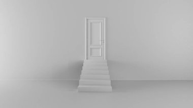 Parlak bir odada basamakları olan 3 boyutlu bir kapı.