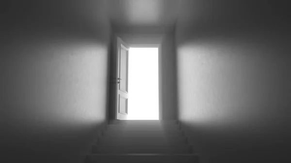 暗い廊下に階段のある3Dレンダリングドア — ストック写真