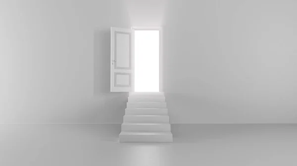 3d rendent l'éclat d'une porte ouverte avec des marches dans une pièce lumineuse — Photo