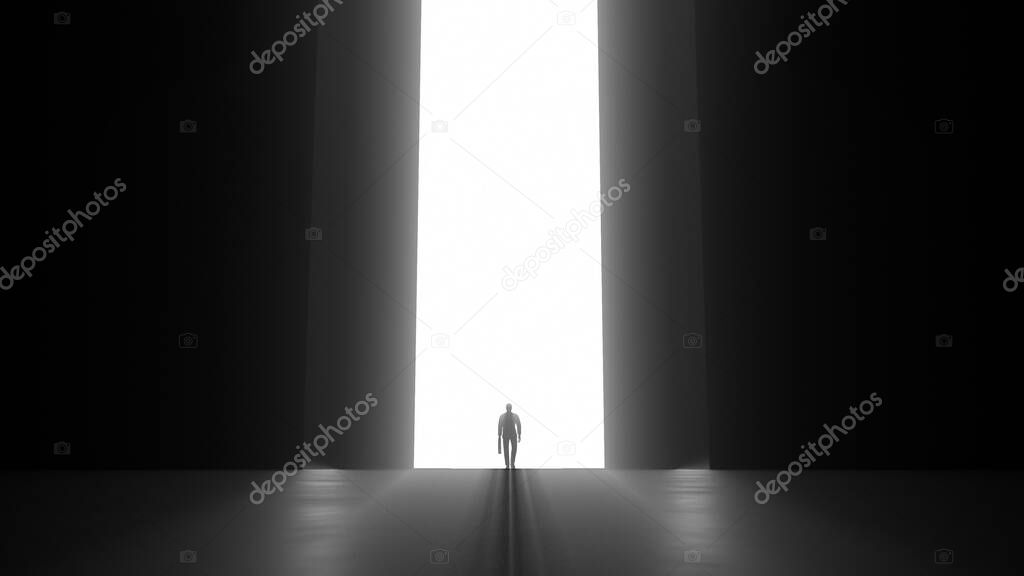 3d render walking man with a case to the opening gate with clearance 4k