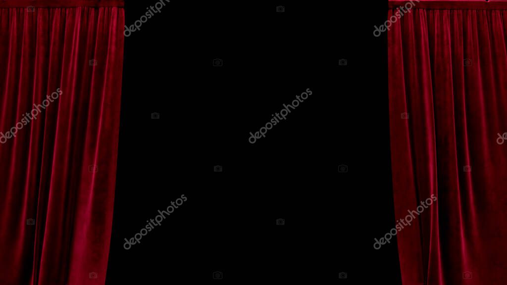 3d render open red velvet curtain on a black background 4k