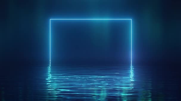 Shining blue neon square over water — Stock Video