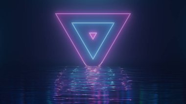 3D render Pembe-mavi neon üçgenler su üzerinde