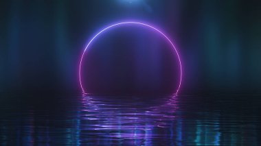 3D render Suyun üzerinde parlak pembe neon daire