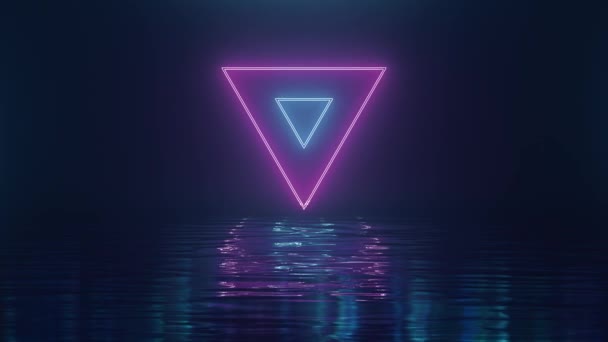 Triángulos de neón de color rosa-azul brillante sobre el agua — Vídeos de Stock