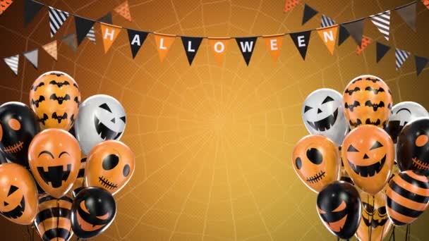 Orange gradient background of halloween balloons hanging flags on a rope — Stock Video