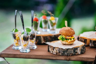 Hamburger bir yuvarlak huş oturum. Küçük alan derinliği.