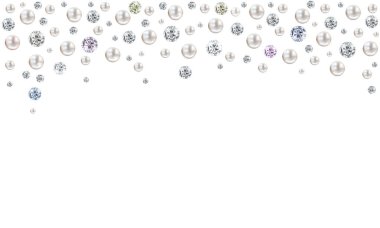 Wedding pearl illustration background with many small and big white shiny nacreous pearls and diamonds raining from top of page - space for your text clipart