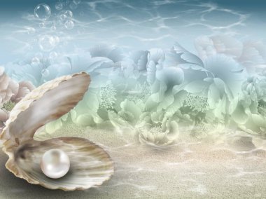 İnci arka plan ile aqua ve yeşil okyanus dalgaların altında tek sedefli pembe parlak inci