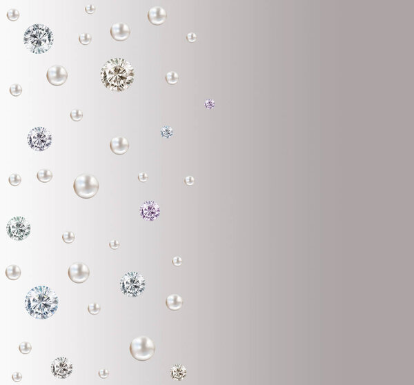 Abstract pearl and diamond wedding background with gem stones and pearls isolated on white and grey satin gradient with space for text