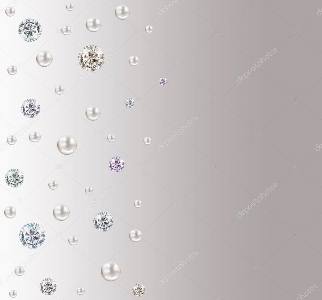 Abstract pearl and diamond wedding background with gem stones and pearls isolated on white and grey satin gradient with space for text
