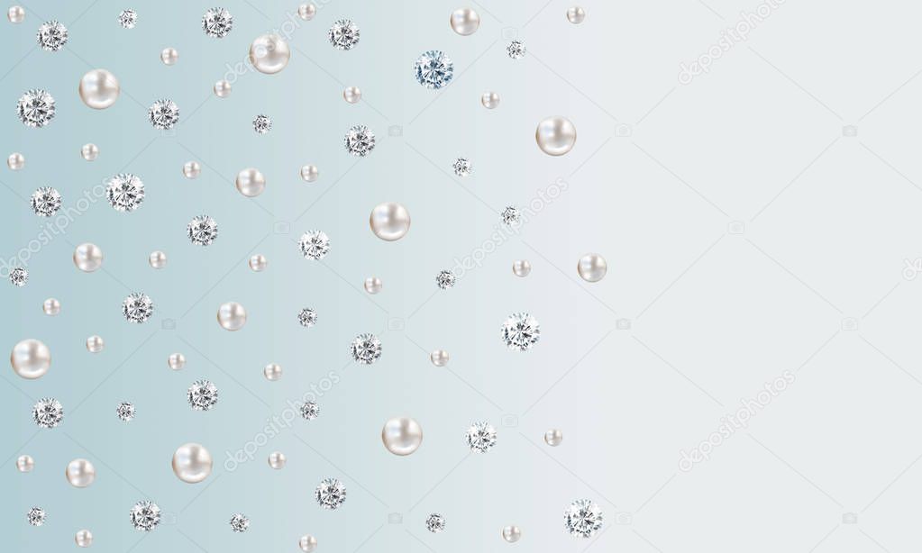 Wedding pearl illustration background with many small and big white shiny nacreous pearls and diamonds scattered on blue white satin background - space for your text