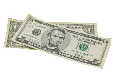 Beyaz arka plan üzerinde - izole Amerikan dolarları de kullanılan bir ve beş dolar faturaları