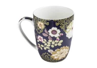 Beyaz arka plan - koyu mavi, altın ve pembe el tasarım boyalı ile güzel bir şekilde dekore edilmiş fincan izole kupa bardak