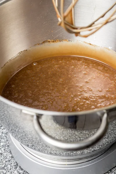 Chocolate Cake Batter Mixer Bowl Kitchen Table Close — Stock Photo, Image