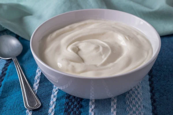 Greek Yogurt Bowl Close Blue Table Cloth Natural Yoghurt Background — Stock Photo, Image