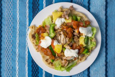 Tortilla mavi masa örtüsü - yapılan eve rustik tavuk, ananas, marul, salsa ve yoğurt - açık tortilla görüntü