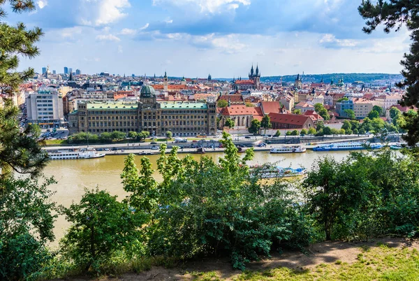 Aerial panoramic view of the old town and the Vlatava River from  Letna Garden in Prague, Czech Republic