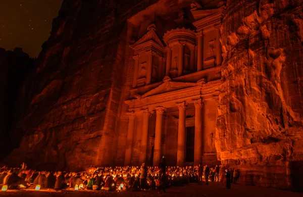 Gece Lambasını Hazinenin Lost City Petra Jordan — Stok fotoğraf