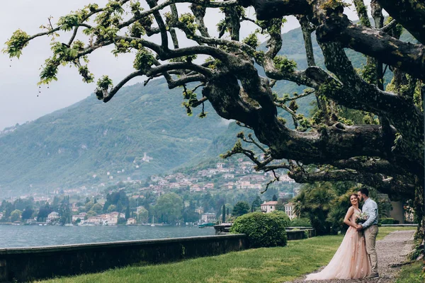 Yeni evliler doğada yürüyüş. Damat ve gelin dolgu, denizin kenarında park boyunca yürümek.