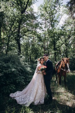 Yeni evliler orman yürüyüşü sırtında.