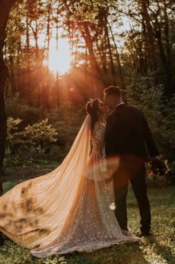 Yeni evliler gün batımında kaldırımı