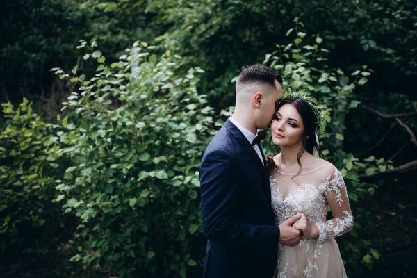 Caminhando Recém Casados Natureza — Fotografia de Stock