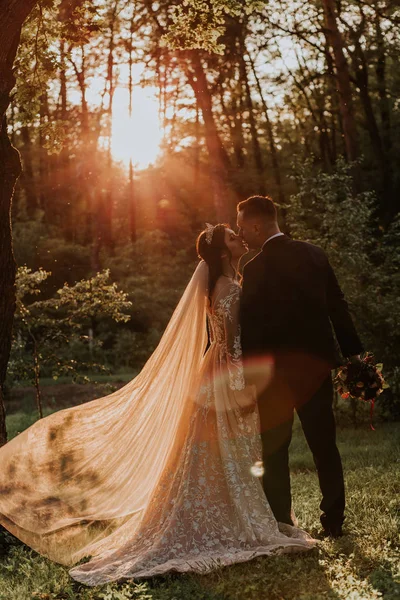 Yeni evliler gün batımında kaldırımı