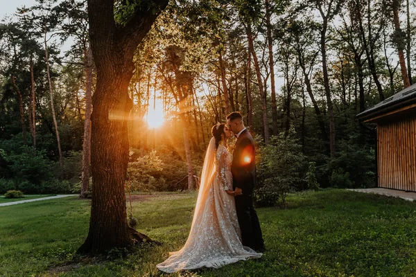 Yeni evliler gün batımında kaldırımı