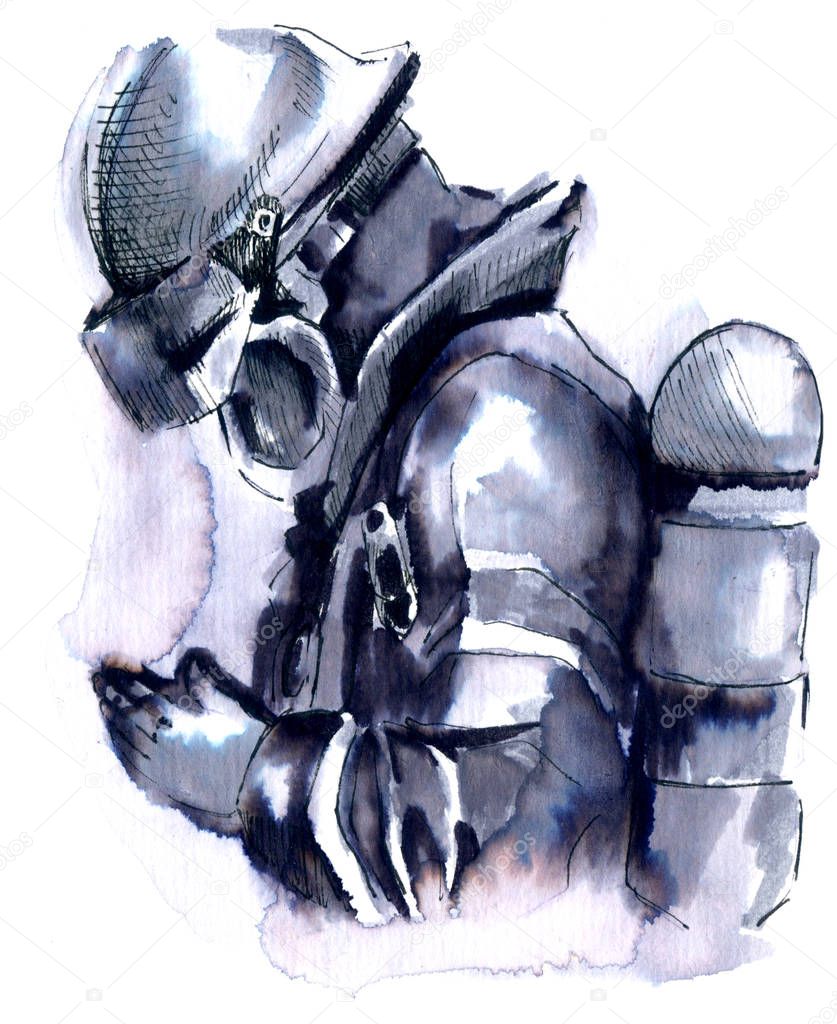 Watercolor sketch drawing firefighter man