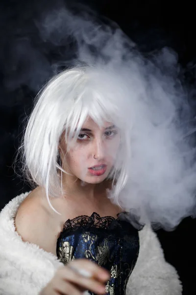 Attractive Young Woman Costume Smoking Cigar Looking Camera While Standing — Stock Photo, Image