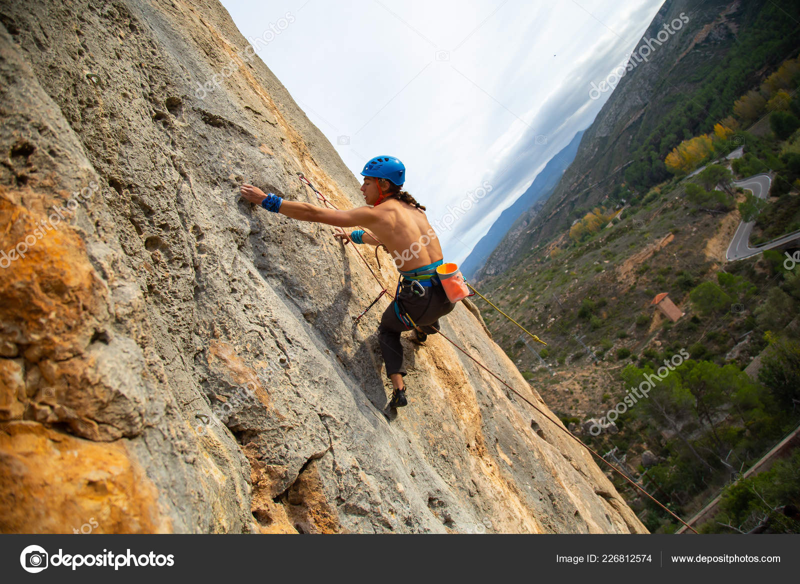 Shirtless Climber Man Climbing Mountain Wall Amazing Sunny Day Stock