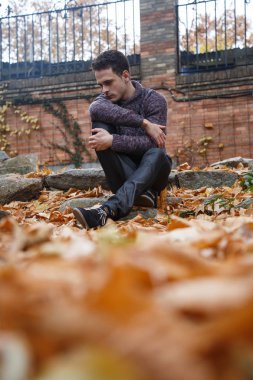 Çayır bitki örtüsü ile bir kaya üzerinde oturan genç yakışıklı adam