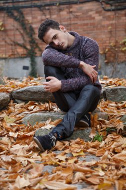 Çayır bitki örtüsü ile bir kaya üzerinde oturan genç yakışıklı adam