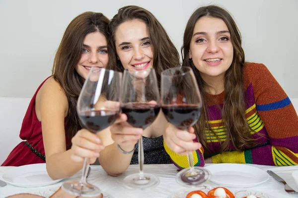 Mulheres Morena Ter Celebração Natal Clinking Com Vinhedos Sorrindo Para — Fotografia de Stock