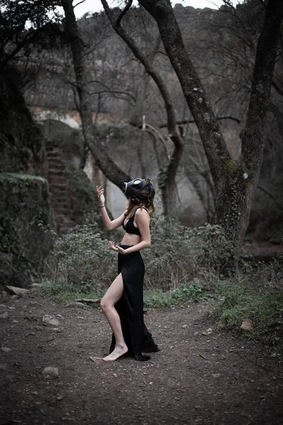 Side View Anonymous Barefoot Woman Black Clothes Gas Mask Standing — Stock Photo, Image