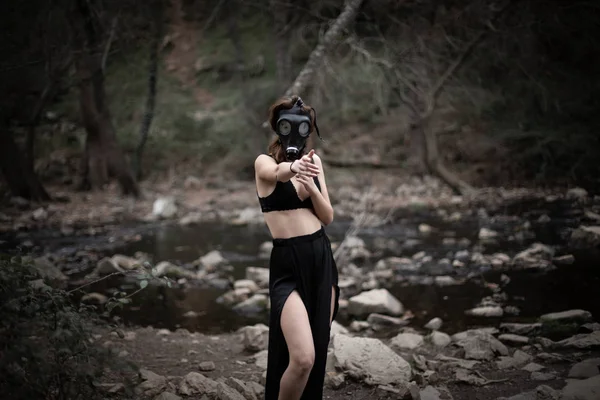 Side View Anonymous Barefoot Woman Black Clothes Gas Mask Standing — Stock Photo, Image