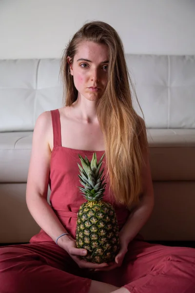 Young Tired Female Sitting Floor Pineapple — 스톡 사진