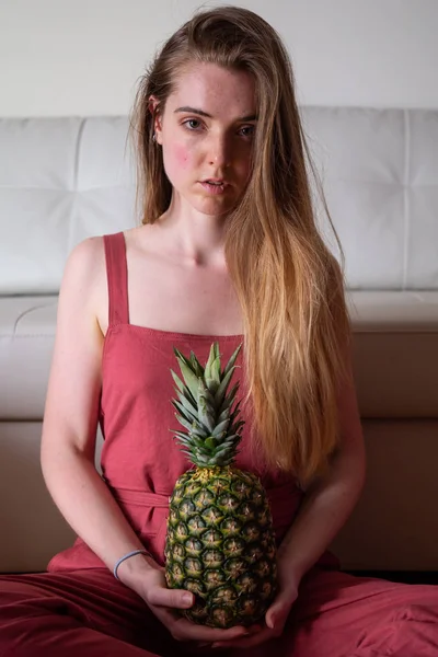 Young Tired Female Sitting Floor Pineapple — 스톡 사진