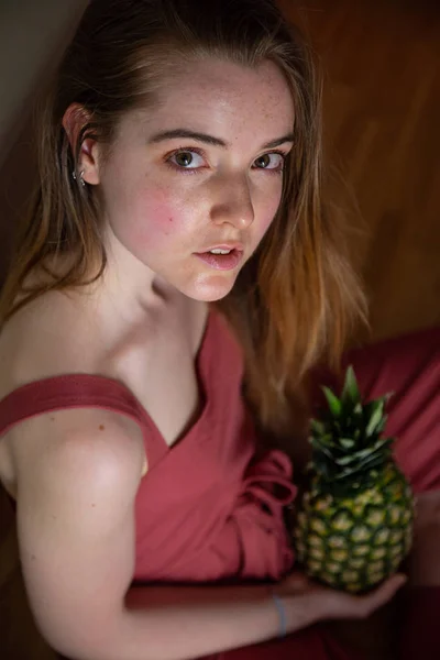 Young Tired Female Sitting Floor Pineapple — Stock Photo, Image