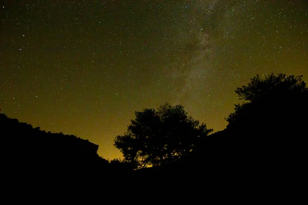 Picturesque view of shining stars and Milky Way on dark summer sky in mountains