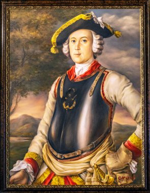 Bodenwerder, Almanya - 02 Ağustos 2017: Baron Munchausen portre. Hieronymus Carl Friedrich Freiherr Munchausen. G. Bruckner (1752) tarafından portre çoğaltılması. Ella Mundt (2007 tarafından çekilen fotoğrafı)