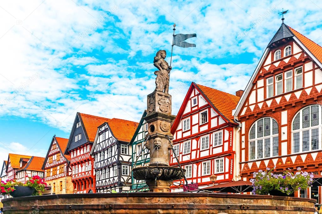 Roland fountain on the marketplace of Fritzlar, Kassel region, Hesse, Germany