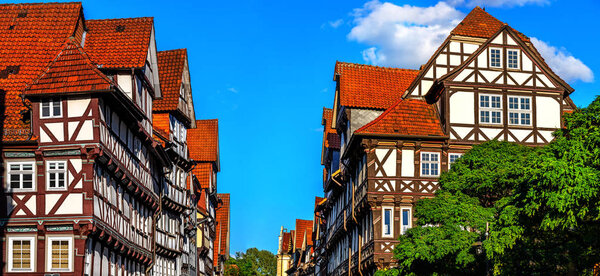 Historic town centre with half-timbered houses, Hannoversch Munden, Lower Saxony, Germany.